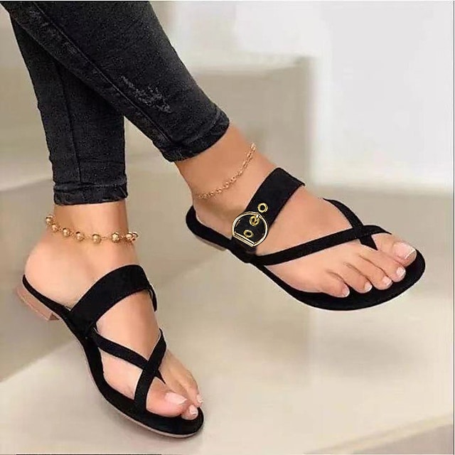 Women's Sandals Boho Bohemia Beach Buckle Flat Heel Round Toe PU Loafer Solid Colored Dark Brown White Black #8590509