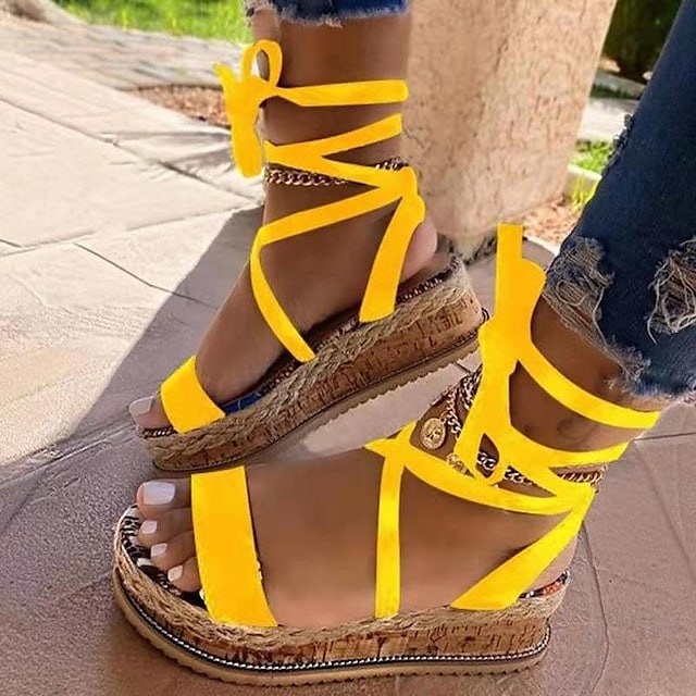 Women's Sandals Lace Up Sandals Boho Bohemia Beach Espadrilles Chunky Heel Round Toe PU Ankle Strap Leopard Yellow / Platform Sandals / Gladiator Sandals Roman Sandals #8557906