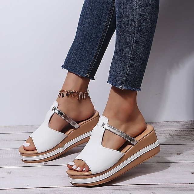 Women's Sandals Wedge Sandals Platform Sandals Wedge Heel Round Toe Rubber PU Loafer White Black Gold #8661670