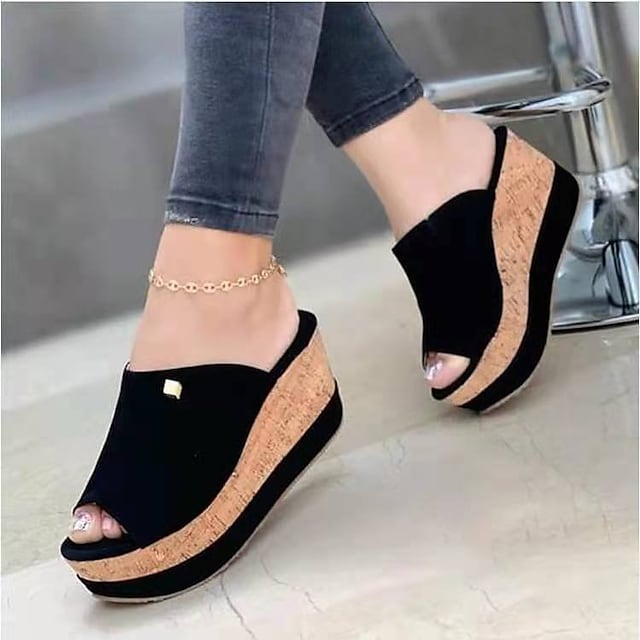 Women's Loafers & Slip-Ons Platform Sandals Platform Wedge Heel Open Toe PU Loafer Solid Colored White Black Pink #8610409