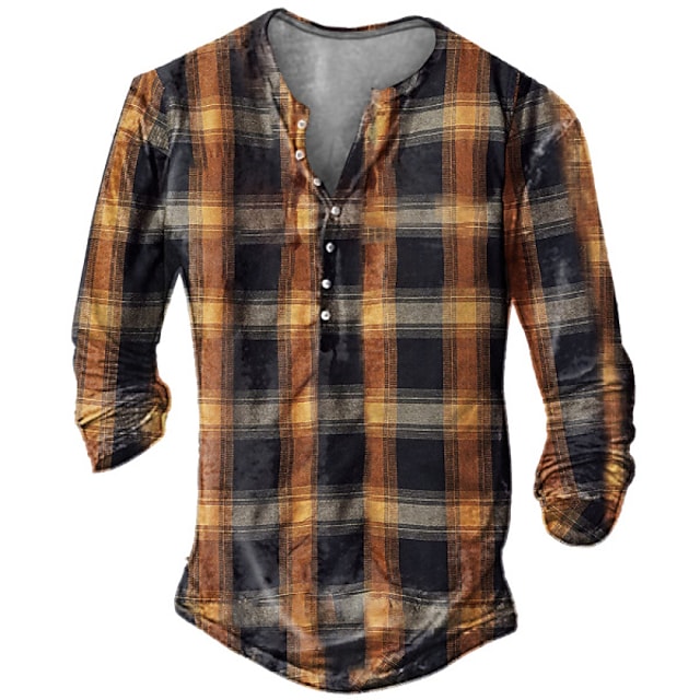 Men's Outdoor Plaid Print Henley Shirt V Neck Casual Loose Long Sleeve Tops T-Shirt Blouses #8963745