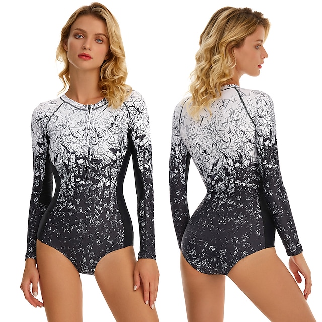 Women's One Piece Swimsuit Rash Guard Elastane Bodysuit Bathing Suit UV Sun Protection UPF50+ Breathable Stretchy Long Sleeve Front Zip - Swimming Surfing Beach Water Sports Painting Autumn / Fall #8959427