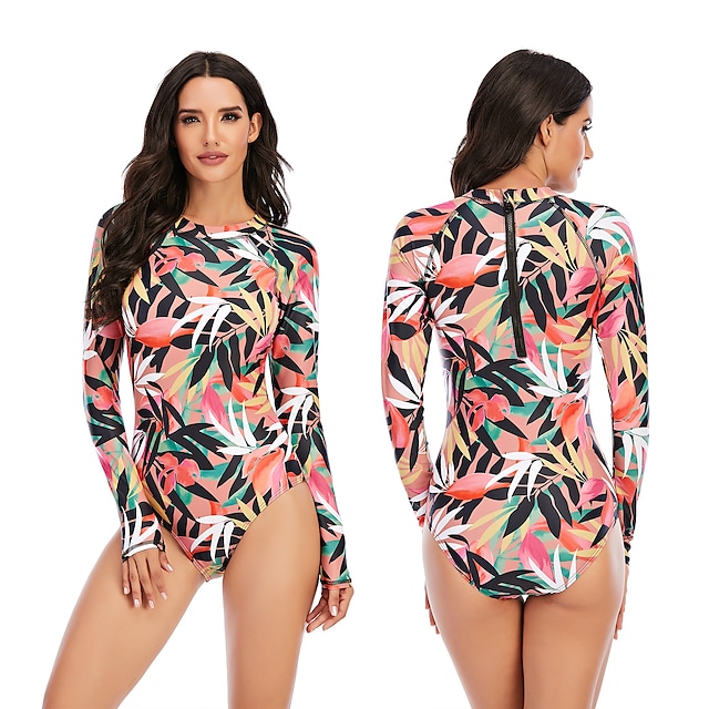 Women's One Piece Swimsuit Rash Guard Elastane Bodysuit Bathing Suit UV Sun Protection UPF50+ Breathable Stretchy Long Sleeve Back Zip - Swimming Surfing Beach Water Sports Floral Autumn / Fall #8959425