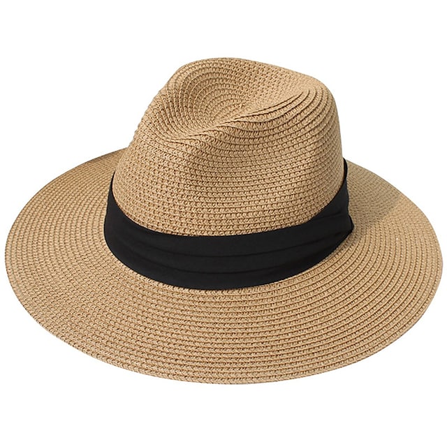 Wide Brim Straw Panama Roll up Hat Belt Buckle Fedora Beach Sun Hat UPF50+ #8746184