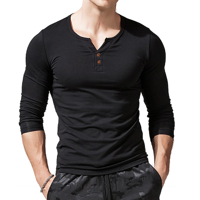 Mens Cotton Muscle Slim Fitted Sport Henley T-Shirt with Button Breathable Lightweight Long Sleeve Tops #8963772