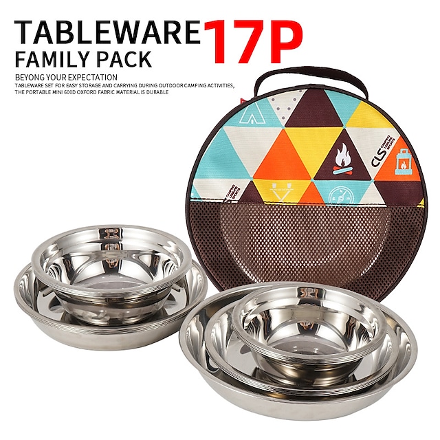 Stainless Steel Camping Plates Cups and Bowls set Plates Set Camping dish Set (17-Piece Set) Plates for Camping Hiking Beach Outdoor Use Incl #9005034