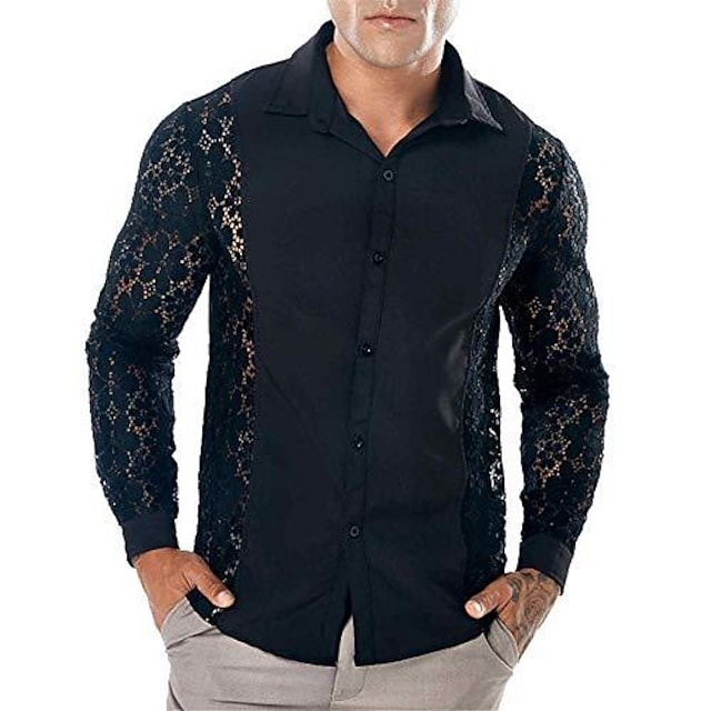 Men's See Through Flower Lace Hollow Shirt Long Sleeve Turn Down Collar Button Down Sheer Blouse Ballroom Party Shirt #9028670