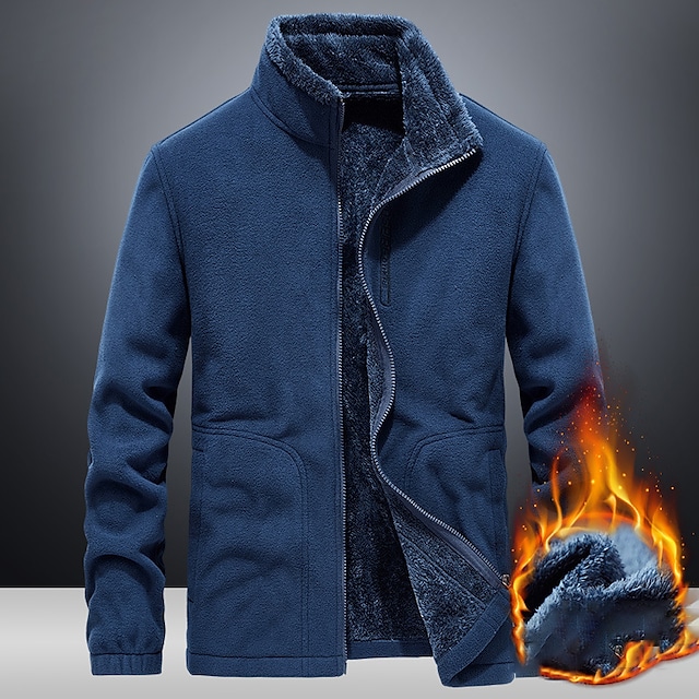 Men's Hiking Fleece Jacket Windbreaker Polar Fleece Winter Outdoor Solid Color Thermal Warm Windproof Lightweight Stand Collar Outerwear Trench Coat Top Single Slider Hunting Fishing Climbing Blue #7898167