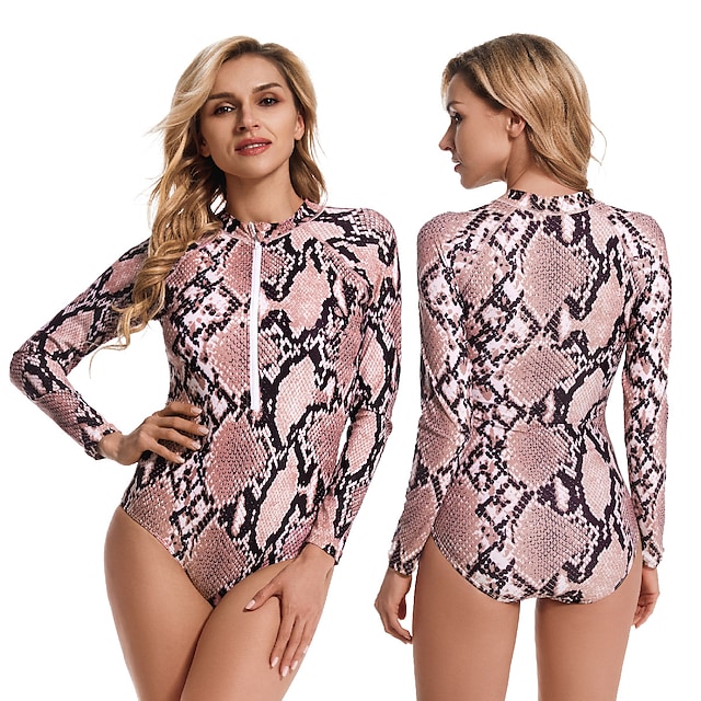 Women's One Piece Swimsuit Rash Guard Spandex Swimwear Bodysuit Bathing Suit UV Sun Protection Breathable Quick Dry Stretchy Long Sleeve Front Zip - Swimming Surfing Water Sports Printed Autumn #9016780