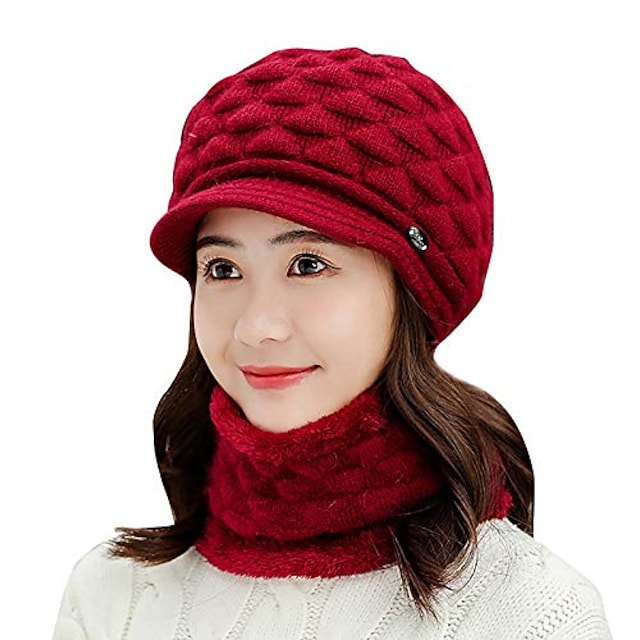 winter headwear two piece set womens knitted beanie hat with brim warm ski hats with fleece scarf neck warmer red #8603323