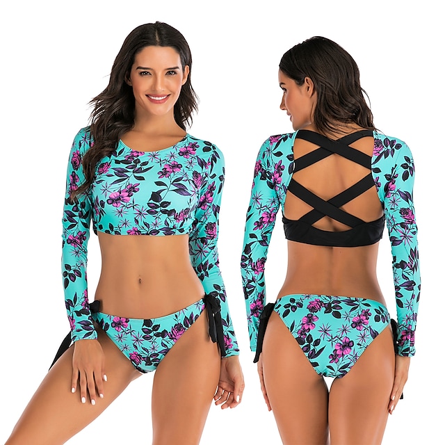 Women's Two Piece Swimsuit 2 Piece Swimwear Bathing Suit Floral / Botanical Swimwear Blue Black UV Sun Protection Ultra Light (UL) Breathable Long Sleeve - Swimming Surfing Water Sports Autumn / Fall #8994608