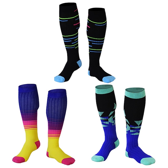 Men's Women's Compression Socks Hiking Socks Winter Summer Outdoor Breathable Lightweight Soft Comfortable triangle geometry big color bar Fluorescence on black for Fishing Climbing Running #9024309