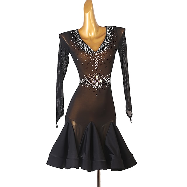 Latin Dance Dress Crystals / Rhinestones Women's Training Performance Long Sleeve Polyester #9027021