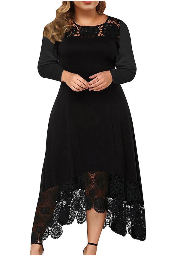 Sheath / Column Plus Size Elegant Party Wear Wedding Guest Dress Jewel Neck Long Sleeve Ankle Length Spandex with Lace Insert Pure Color 2022 #8987551