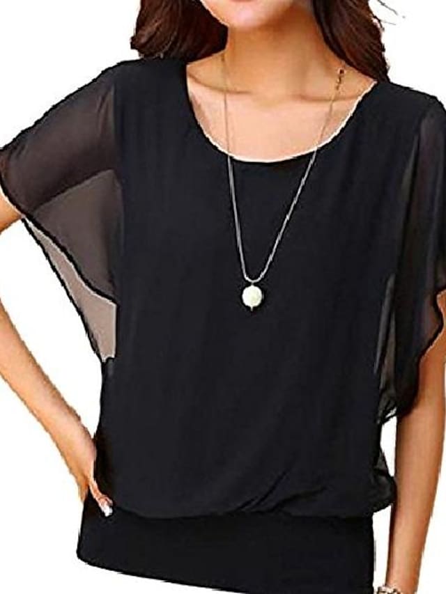 womens round neck casual chiffon blouse and top summer short sleeve shirts tunics (x-large, black) #8224989