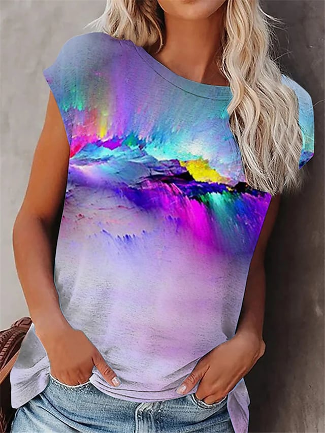 Women's T shirt Color Gradient Patchwork Print Round Neck Basic Tops Rainbow / 3D Print #8997761