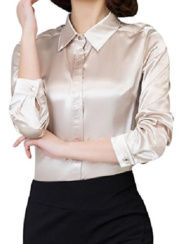 Women Silk Feel Long Sleeve T Shirt Button Down Satin Blouse Champagne M #8494613