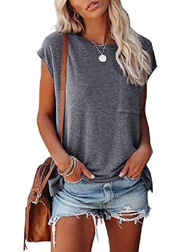 women's casual cap sleeve shirts summer loose solid color basic tee tops with pocket dark gray #8598639