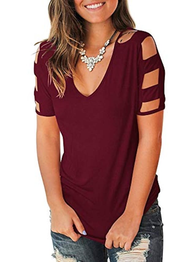 kanzd tops for women hallow cut out cold shoulder short sleeve deep v neck summer tops t shirts wine #8665405