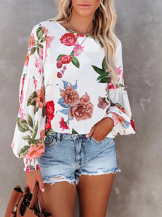 Women's Floral Theme Blouse Shirt Floral Print Round Neck Casual Tops Lantern Sleeve Blue Orange Red / 3D Print #8979512