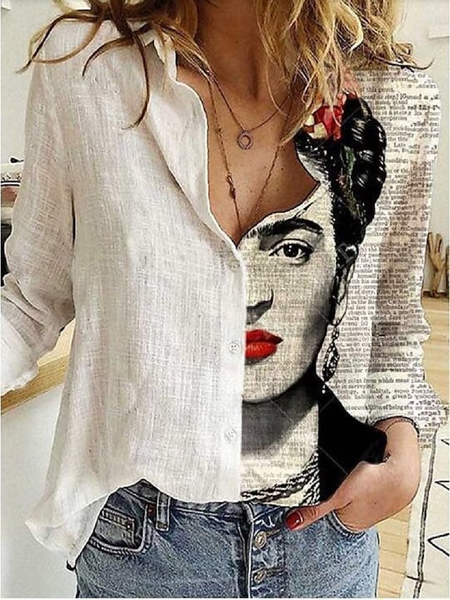 Women's Portrait Blouse Shirt Graphic Portrait Letter Print Shirt Collar Basic Elegant Vintage Tops White #8324362