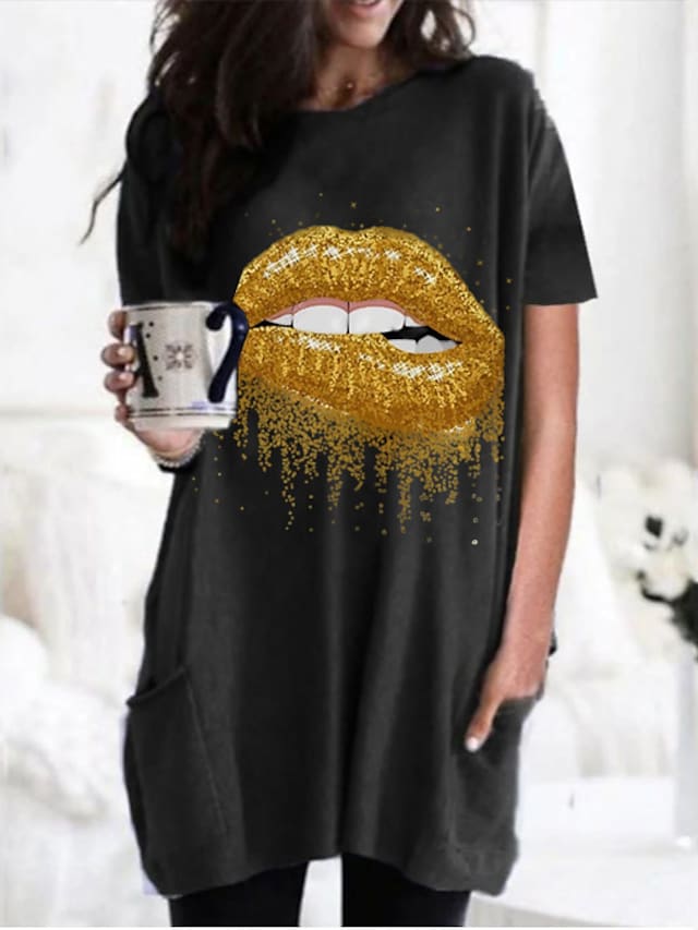 Women's T shirt Dress Graphic Mouth Round Neck Tops Basic Basic Top Black Wine Army Green #8612573