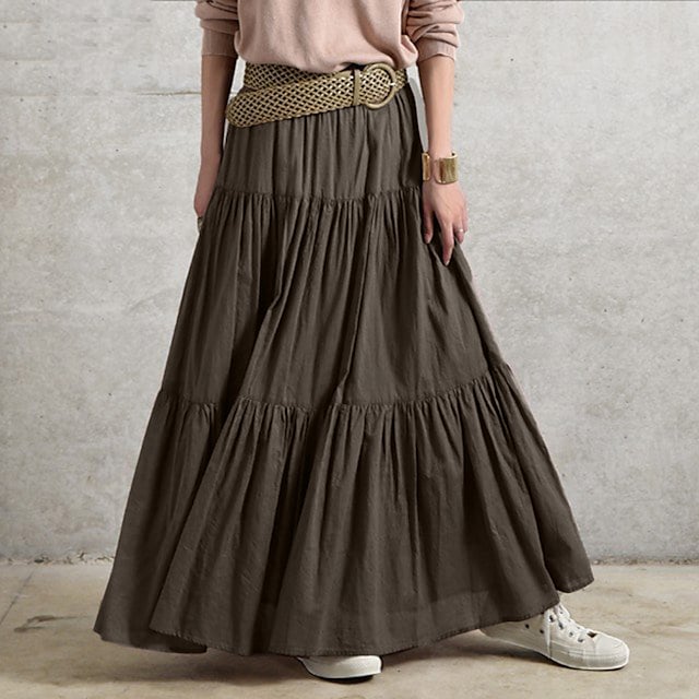 Women's Basic Streetwear Swing Maxi Skirts Casual / Daily Weekend Solid Colored Ruffle Purple Wine Black S M L / Loose #8792531