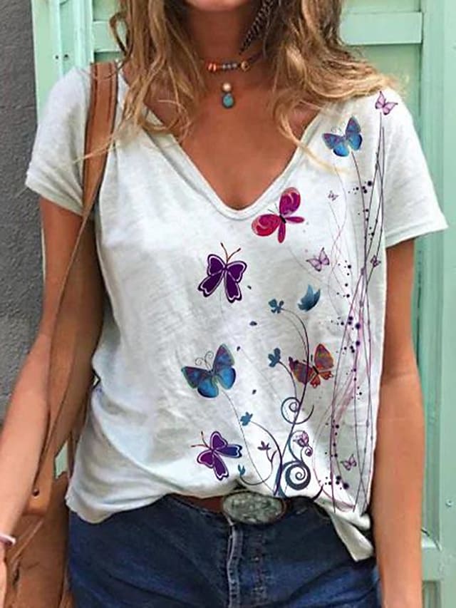 Women's T shirt Butterfly V Neck Tops Basic Basic Top White Blue Purple #8542654