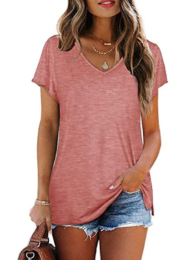 Women's T shirt Plain V Neck Basic Tops White Wine Gray #8565668