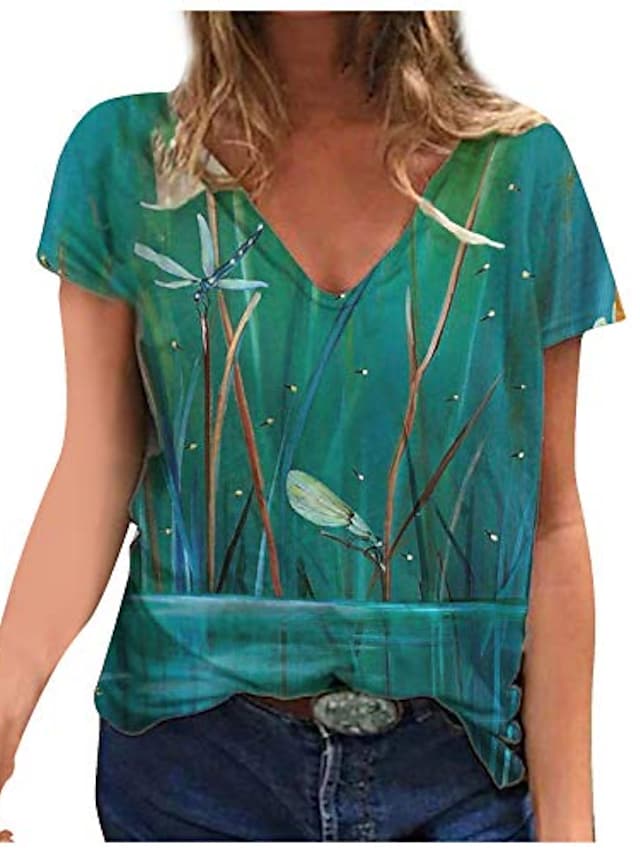 women's short sleeve v-neck t-shirt, summer dragonfly floral print tunic tops, tie dye casual loose shirt blouses, vintage classic cotton tunic tee stylish streetwear green #8603669