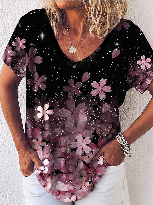 Women's 3D Printed T shirt Floral Patchwork Print V Neck Basic Tops Black #8959186