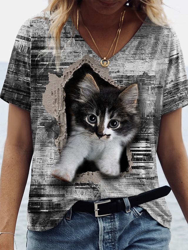 Women's 3D Cat Painting T shirt Cat 3D Print V Neck Basic Tops Gray #8980690