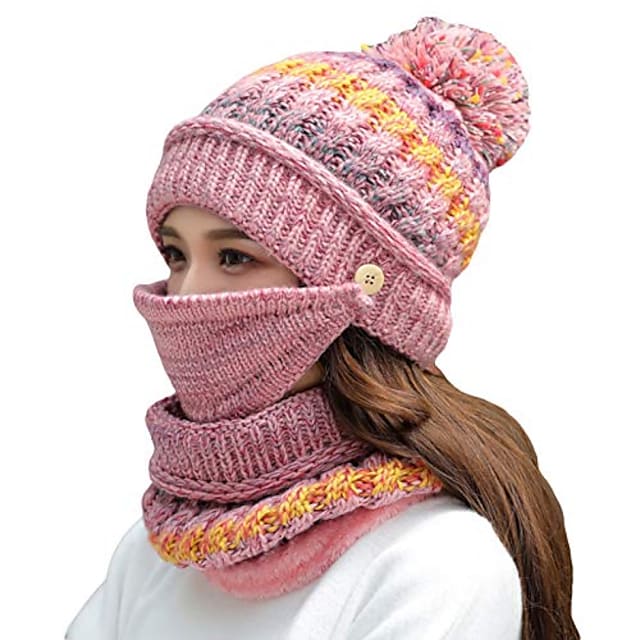 women girls knitted hat scarf mask set winter fleece lined beanie knit ear flaps hat with pompom (pink) #8538024