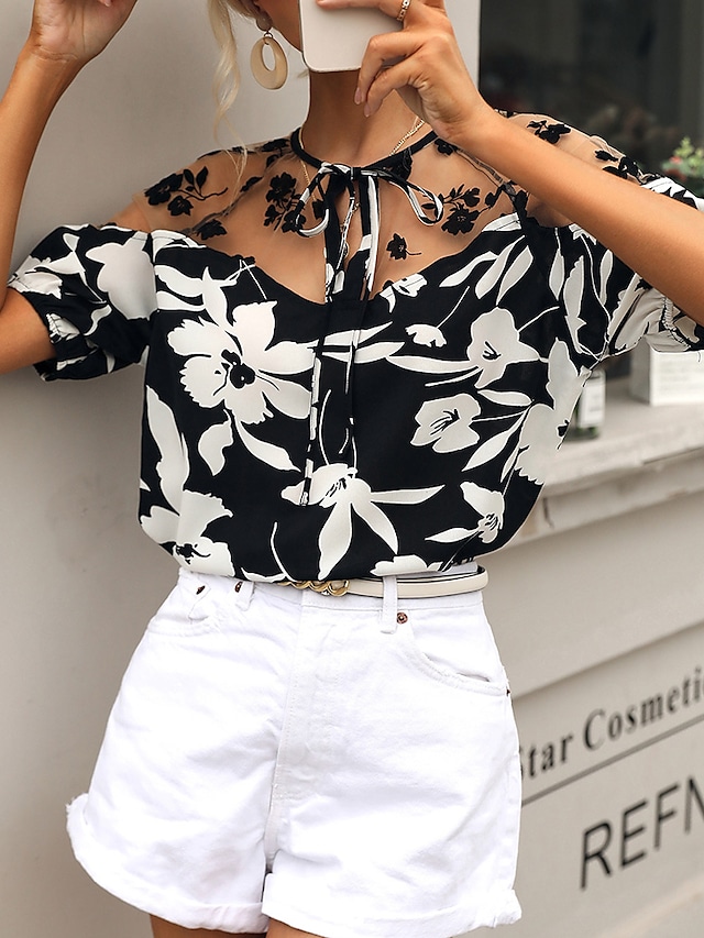 Women's Floral Theme Blouse Shirt Floral Mesh Patchwork Print Round Neck Casual Tops Black / 3D Print #8982128