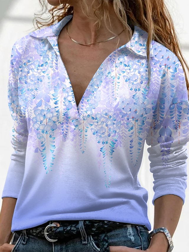 Women's Floral Theme Painting Blouse Shirt Floral Graphic Long Sleeve Print Shirt Collar Basic Tops Regular Fit Blue Purple Blushing Pink / 3D Print #8824755