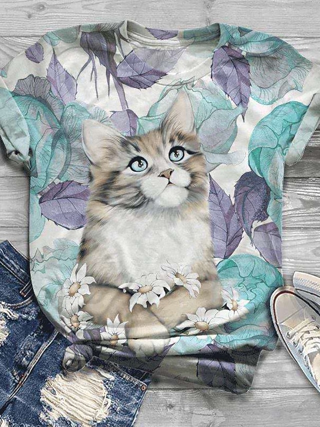 Women's Floral Theme Cat Painting T shirt Floral Cat Print Round Neck Basic Tops Green White Black / 3D Print #9035512