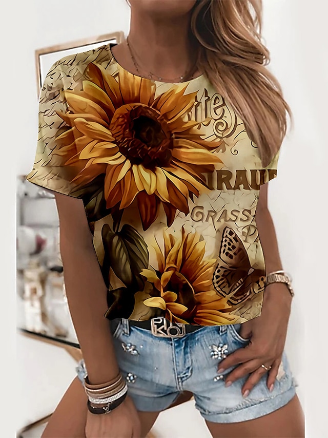 Women's Floral Theme 3D Printed Painting T shirt Floral 3D Sunflower Print Round Neck Basic Tops Yellow Orange Green #8644416