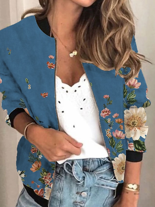 Women's Jacket Daily Holiday Spring & Fall Regular Coat Regular Fit Active Streetwear Jacket Long Sleeve Plants Print Blue #8549729