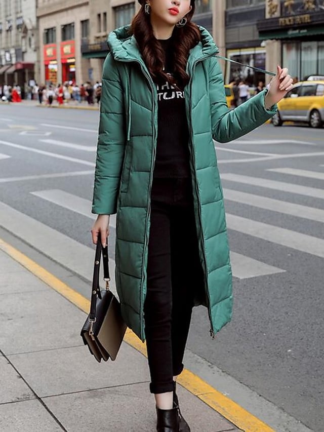 Women's Puffer Jacket Casual Daily Holiday Fall Winter Long Coat Regular Fit Windproof Warm Casual Jacket Long Sleeve Solid Colored Pocket Yellow Wine Army Green Hooded #8723972