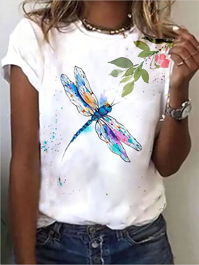 Women's Butterfly T shirt Floral Plaid Patchwork Print Round Neck Basic Tops White / 3D Print #9007420