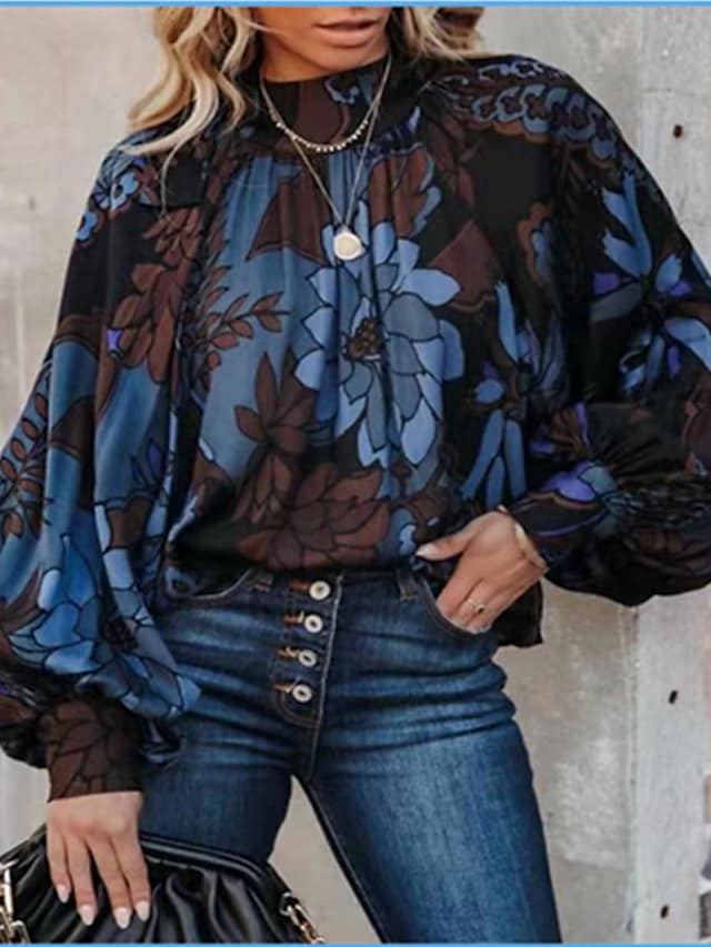 Women's Floral Theme Blouse Shirt Floral Print Round Neck Casual Tops Blue / 3D Print #8982145