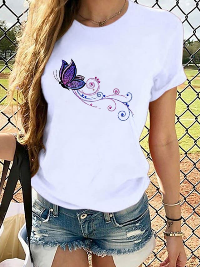 Women's T shirt Butterfly Graphic Prints Round Neck Tops Loose 100% Cotton White #8073956