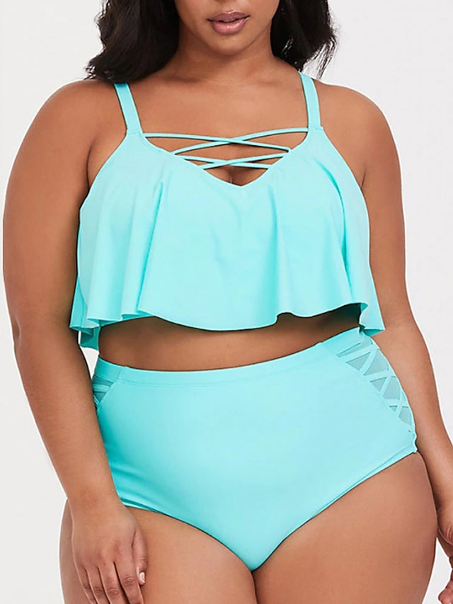 Women's Swimwear Bikini 2 Piece Plus Size Swimsuit Ruffle Open Back Solid Color Blue Camisole Strap Bathing Suits New Casual Vacation / Modern / Padded Bras #8948756