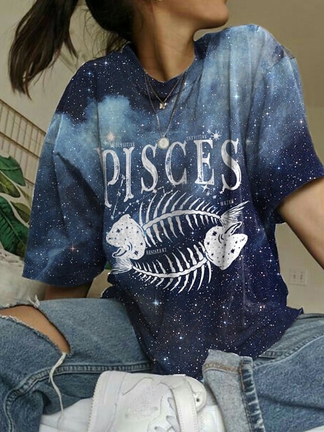 Women's Abstract Painting T shirt Cartoon Galaxy Graphic Print Round Neck Ethnic Vintage Tops Light gray / 3D Print #9028297