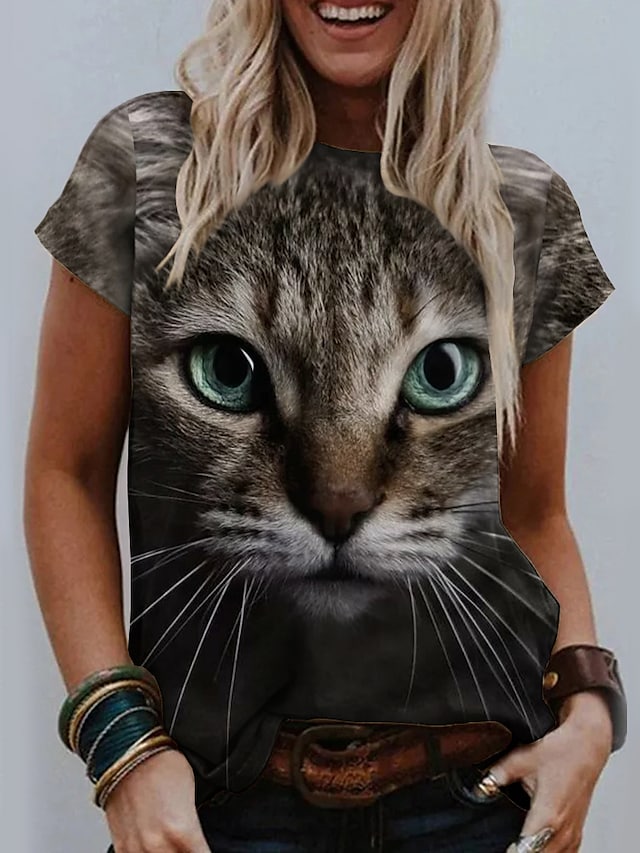 Women's 3D Cat Painting T shirt Cat 3D Print Round Neck Basic Tops Brown #8980507