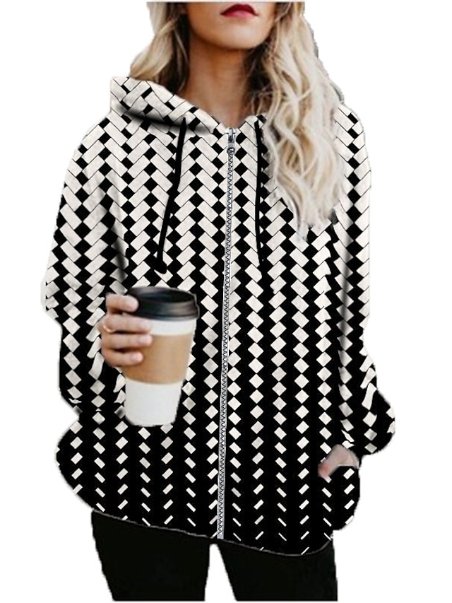 Women's Hoodied Jacket Casual Jacket Sports Fall & Winter Long Coat Loose Jacket Long Sleeve Print Print Black #8468180