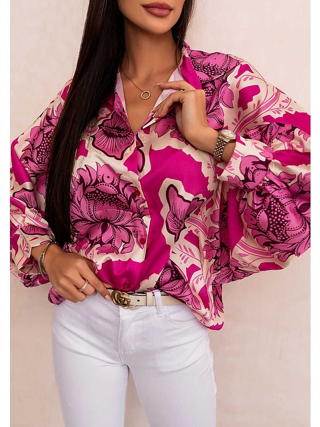 Women's Floral Theme Blouse Shirt Floral Button Print Shirt Collar Casual Streetwear Tops Green Black Pink / 3D Print #9035424