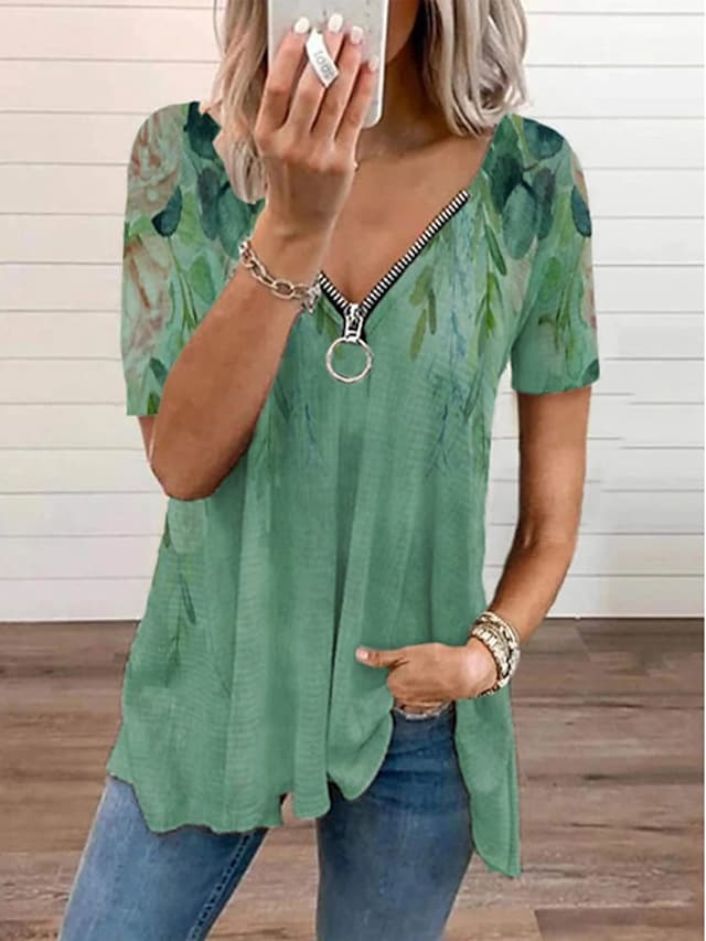 Women's Bohemian Theme Blouse Shirt Floral Zipper V Neck Basic Tops Green Beige #8619378