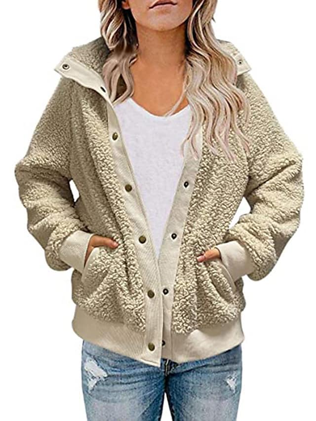 Women's Teddy Coat Causal Daily Holiday Fall Winter Spring Short Coat Loose Warm Casual Jacket Long Sleeve Solid Color Pocket Light Pink ArmyGreen caramel colour / Wool #8744415