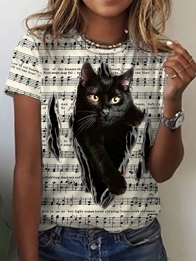 Women's 3D Cat Painting T shirt Cat 3D Animal Print Round Neck Basic Vintage Tops Regular Fit Yellow / 3D Print #8759074